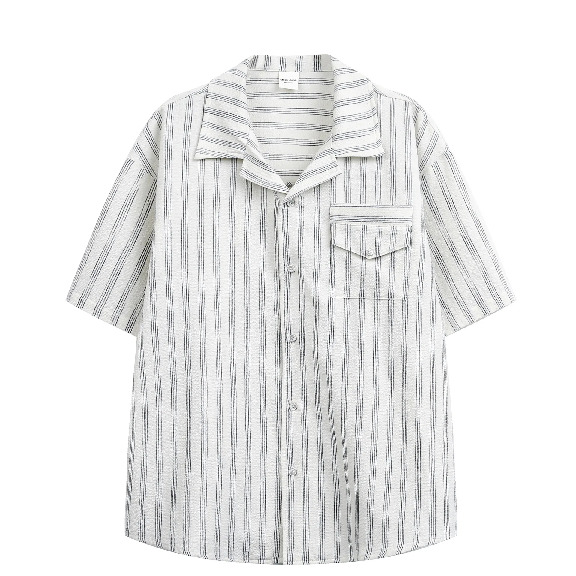 

Hawaiian Beach Vacation Style Retro Striped Cuban Collar Short Sleeved Shirt for Men and Women Loose Five Quarter Sleeved Shirt