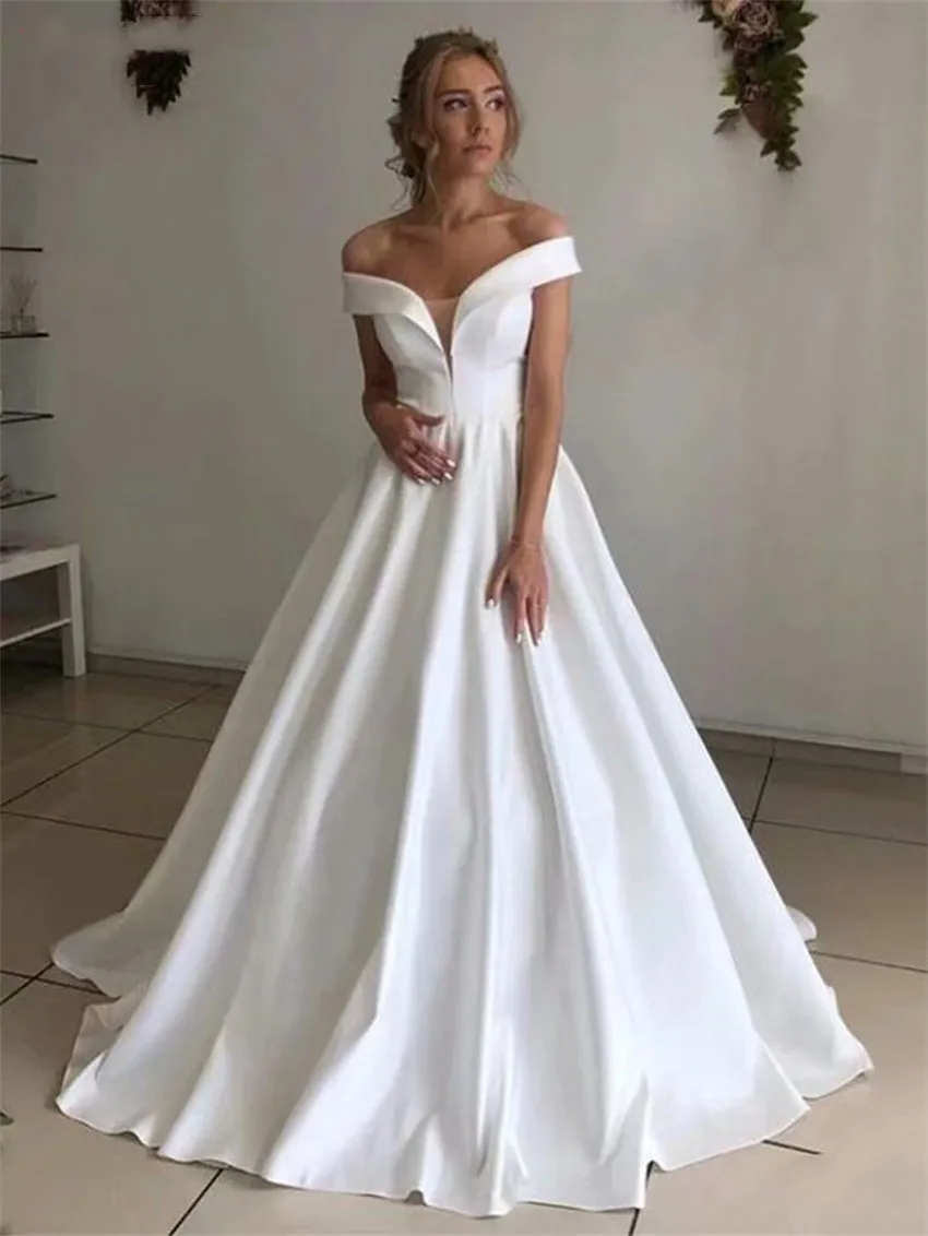 New Arrival Satin Wedding Dress For Woman Vestido De Noiva Robe De Soiree Bride Simple Vestidos De Fiesta Off The Shoulder