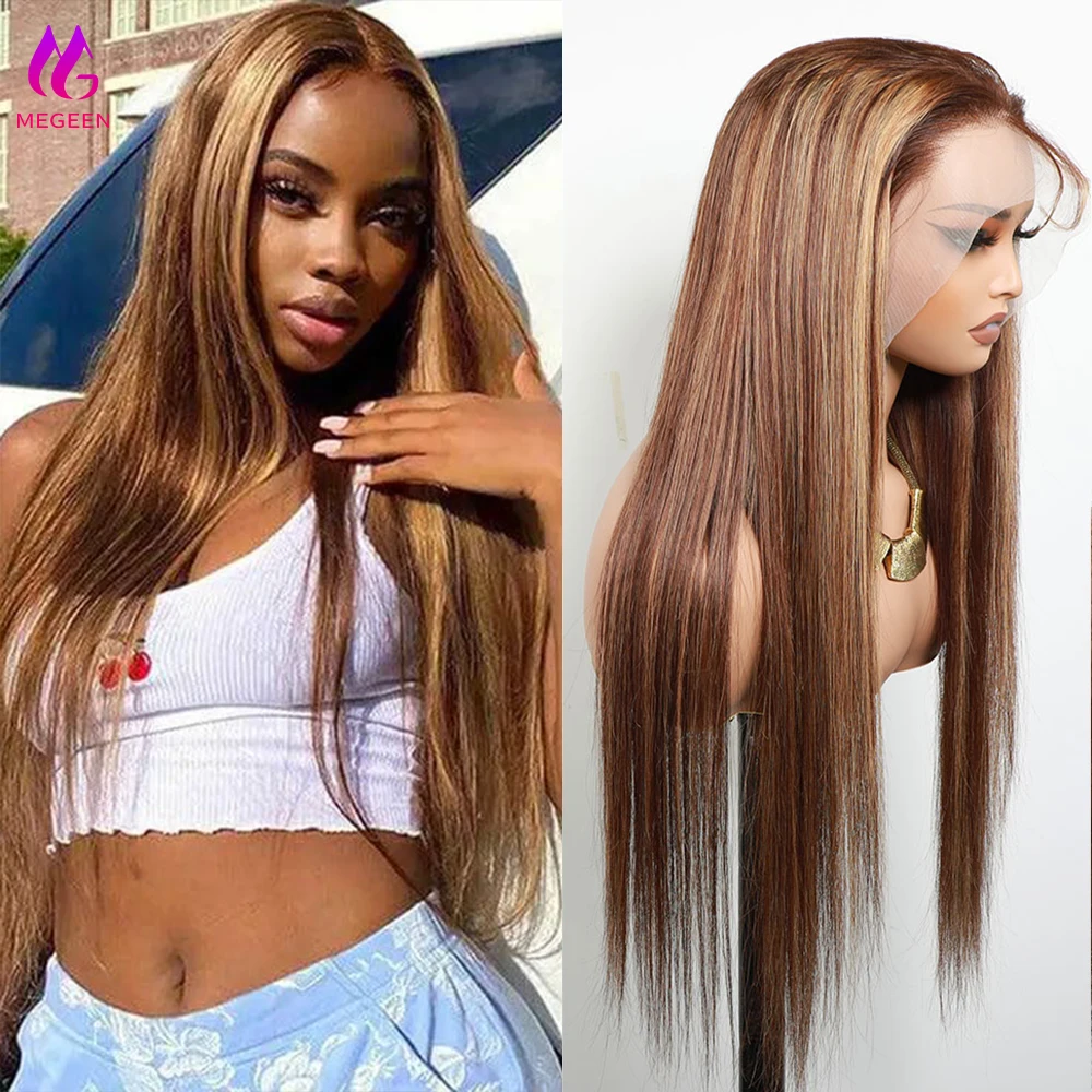 

Megeen P4/27 Colored 13X4 Lace Frontal Wig 100% Human Hair Highlight Straight Human Hair Pre Plucked Honey Blonde Lace Front Wig