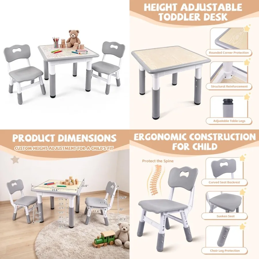 

Table and Chairs Set - 23.6" L x 23.6" W Height Adjustable Toddler Desk, Non-Slip Toddler Table with Graffiti Desktop for Ages