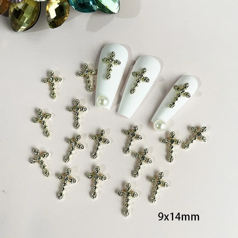 10pcs New Cross Nails Charms 3D Gold Silver Rhinestones Alloy Sparkle Cross Nails Decorations 9*14mm Luxury Manicure Accessories
