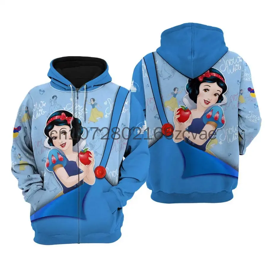 Capuz com zíper 3D Disney branco neve feminino, moletom casual, moda retrô, novo, 2024