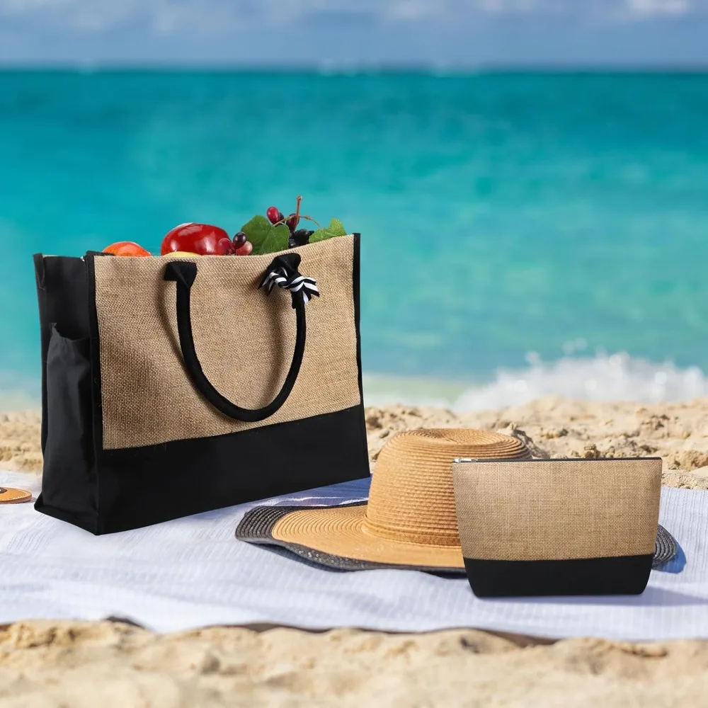 กระเป๋าผ้ากระสอบขนาดใหญ่แบบใช้ซ้ำได้ 17x13x7 นิ้ว - กระเป๋าชายหาดแบบเป็นมิตรกับสิ่งแวดล้อมพร้อมหูหิ้วสำหรับผู้หญิงและงาน DIY