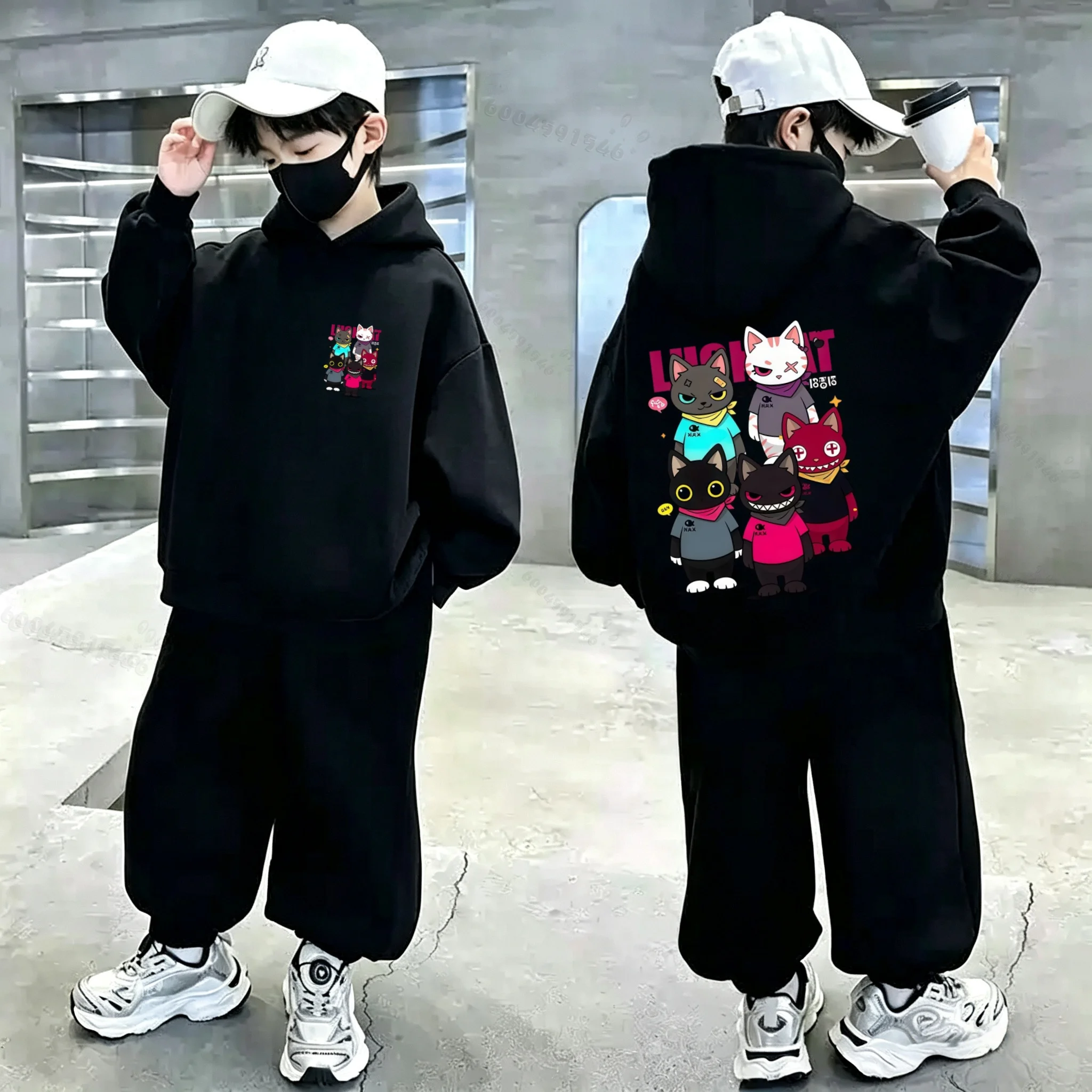 Autumn/Winter Double-sided Printed Children's Casual Hooded Sweatshirt - Unique Cat Pattern Cool Pullover Sweatshirt