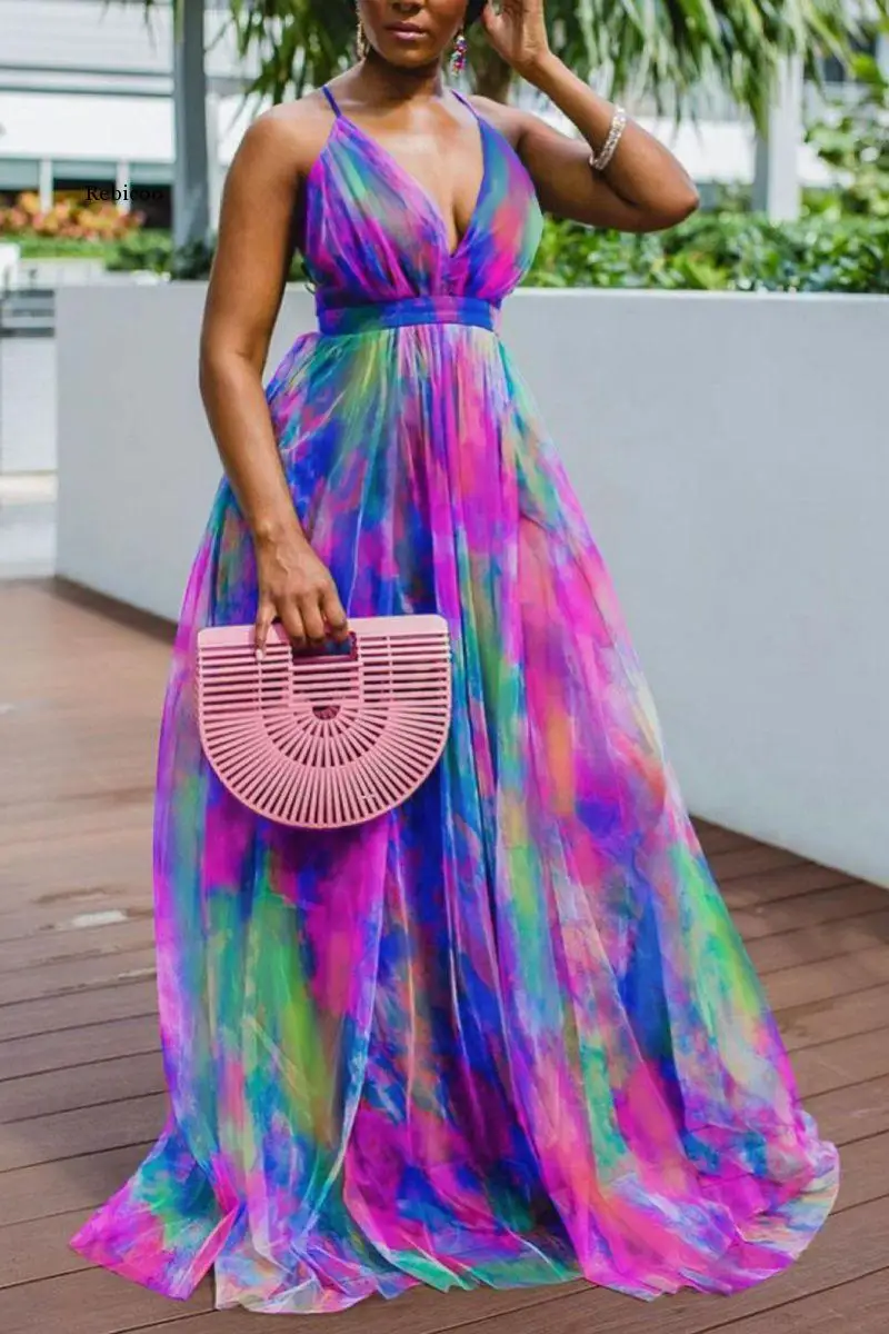 Color Block V-Neck Women Maxi Dress To Floor Long Beach Robe African Party Holiday Summer Dresses Sexy Backless