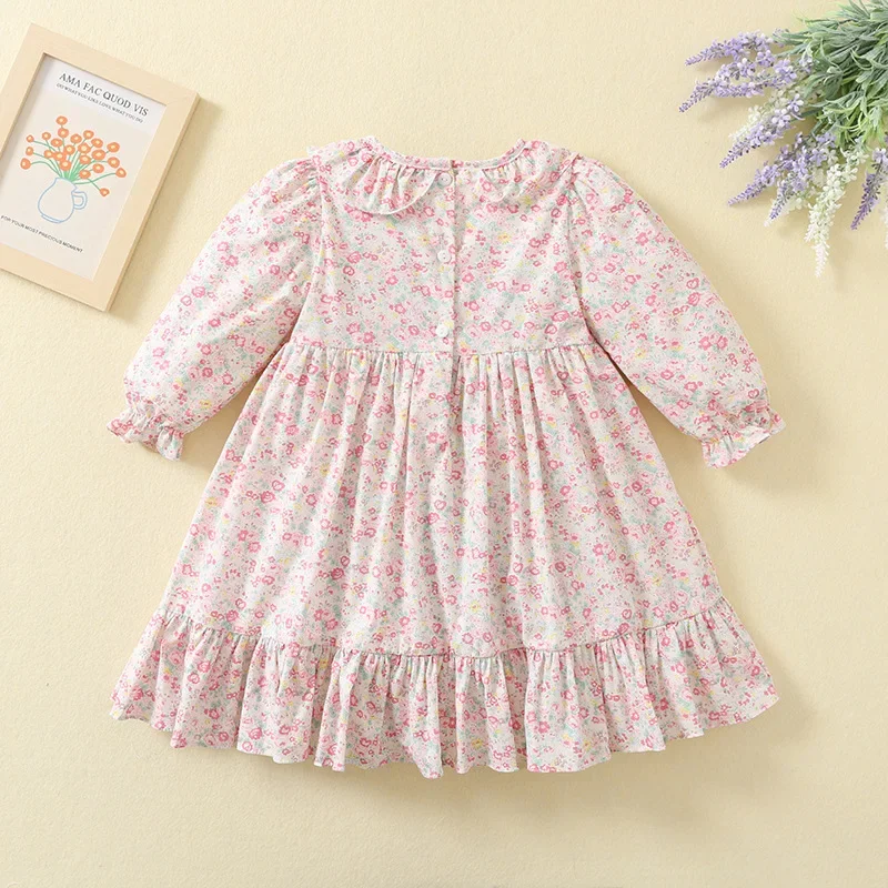 2024 Kids Vintage Handmade Embroidery Boutique Smocked Dress Princess Floral Clothes for Girls Children Matching Autumn Outfit