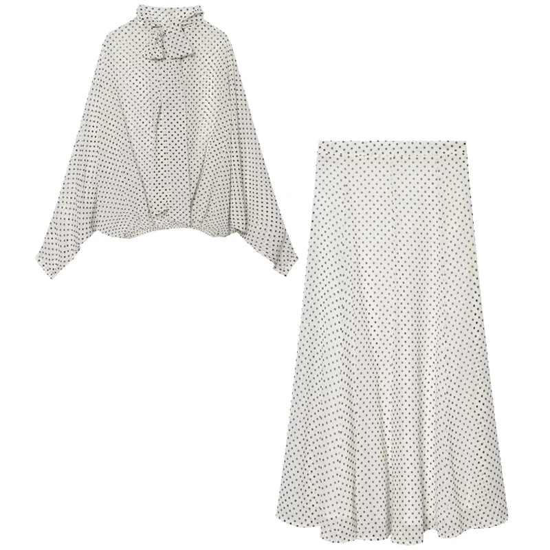 HXAO Polka Dot Translucent Skirts Sets Women 2 Pieces Sets Summer 2026 Lace-Up Long Sleeve Shirt Suit High Waist Skirt Outfits