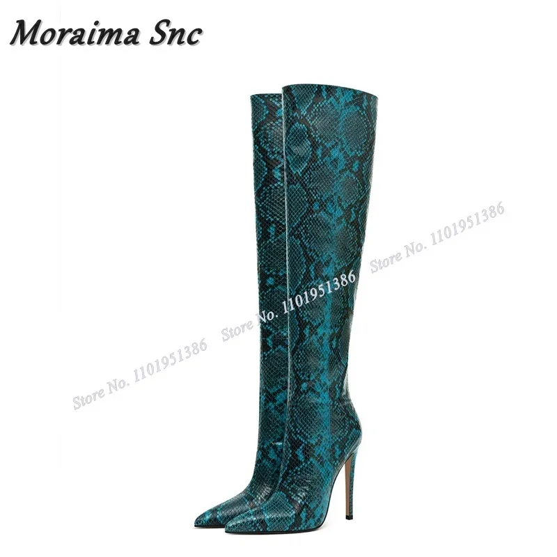 Moraima Snc Brown Snakeskin Print Boots Slip on Knee High Pointed Toe Stiletto Shoes for Women High Heels Boot Zapatillas Mujer