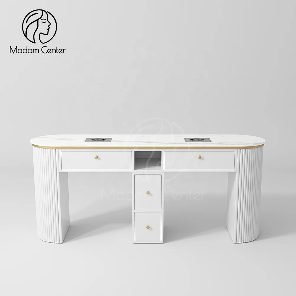 Madamcenter Minimalist Nail Table Manicure Station Desk Acetone-Resistant 2 Seat  Nail Table Sintered Stone Worktop