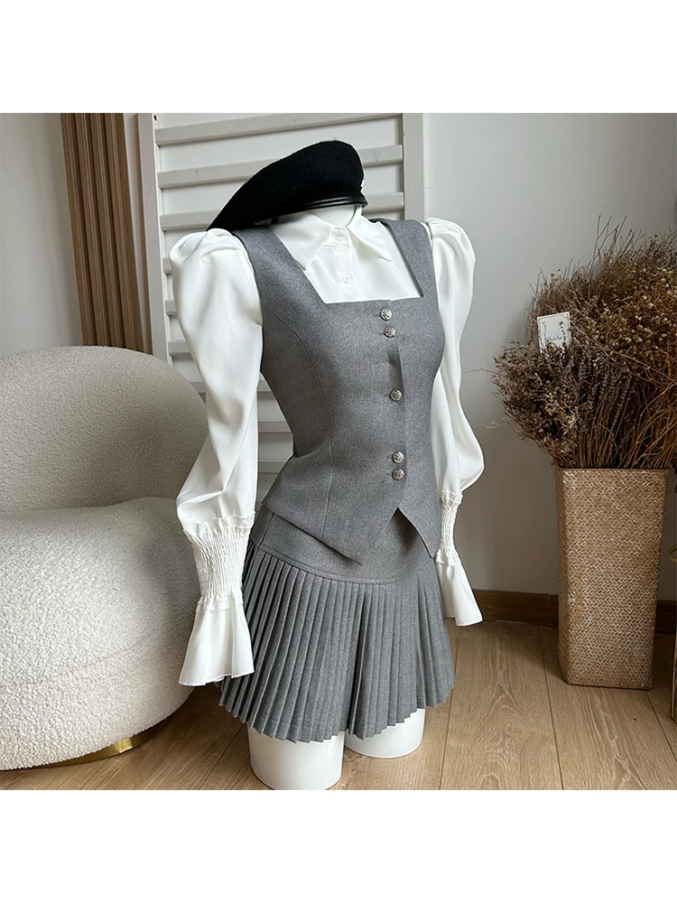 Formal Occasion Kpop Outfits 3 Piece Set Lapel Collar Blouses + Wrap Hip High Waist Skirts Coquette + Chic Vest Japanese Fashion