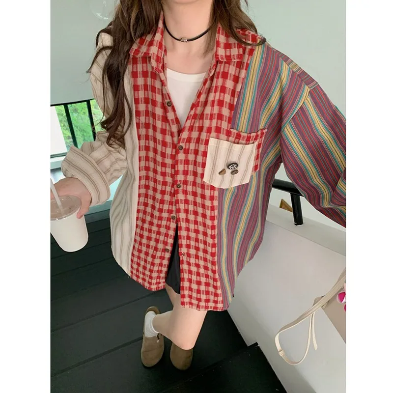 2024 New Arrival Summer Loose Fit Casual Turn-down Collar Long Sleeve Pockets Patchwork Plaid Cotton Single Breasted Shirts V968