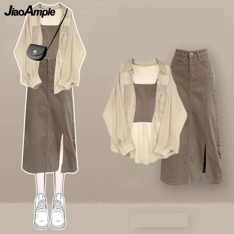 Women's Summer New Chic Chiffon Sunscreen Shirt+Vest+Sexy Split Midi Skirt Three piece Korean Vintage Blouse Dress Matching Set