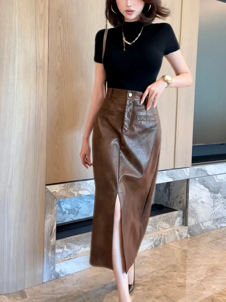 Retro Leather Skirt Women's Autumn and Winter 2024 New High-waisted Split-ended Leather Skirt Long A-shaped Skirt Black Skirts