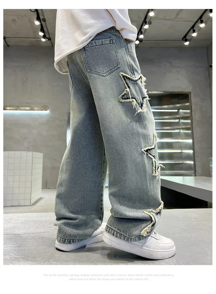 Koreanische Kinder-Jungen-Freizeitjeans mit Fünf-Punkt-Stern-Print, Denim-Hosen für Kinder, Bestseller, Jeans mit elastischem Bund, für Kinder von 5 bis 14 Jahren – Detail 9