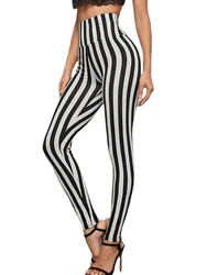 Leggings estampadas listradas para mulheres, calças lápis elásticas de cintura alta, treino de ginástica, jeggings fitness, sexy e elegante, preto e branco