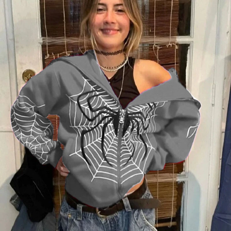 Sudadera con capucha y cremallera con diseño de telaraña para mujer, estilo americano, informal y moderna, de forro polar para primavera y otoño, novedad 2026