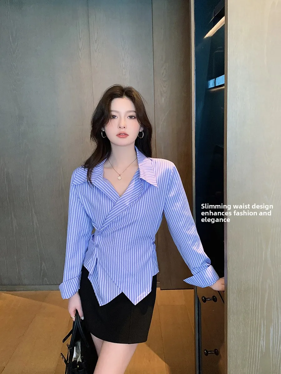 

Ms.Daoge, повседневный женский длинный свек, облегающий сине-белый цвет, блузка с завязкой на талии, весенне-осенний сезонный топ