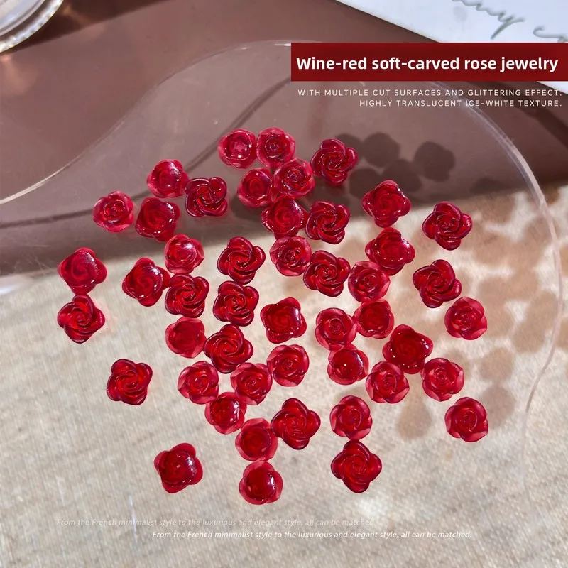 LYLE 50Pcs New Soft Carved Triangle Roses Nail Art Charms Mixed Wine Red Translucent Resin Flowers Press On Nail Accessories