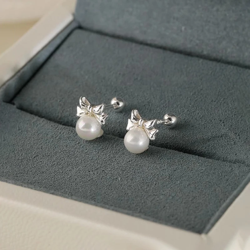 925 Silver Needle Artificial Pearl Bowknot Bead Screw Stud Earrings For Women Classic Fashion Jewelry Light Luxury Accessories