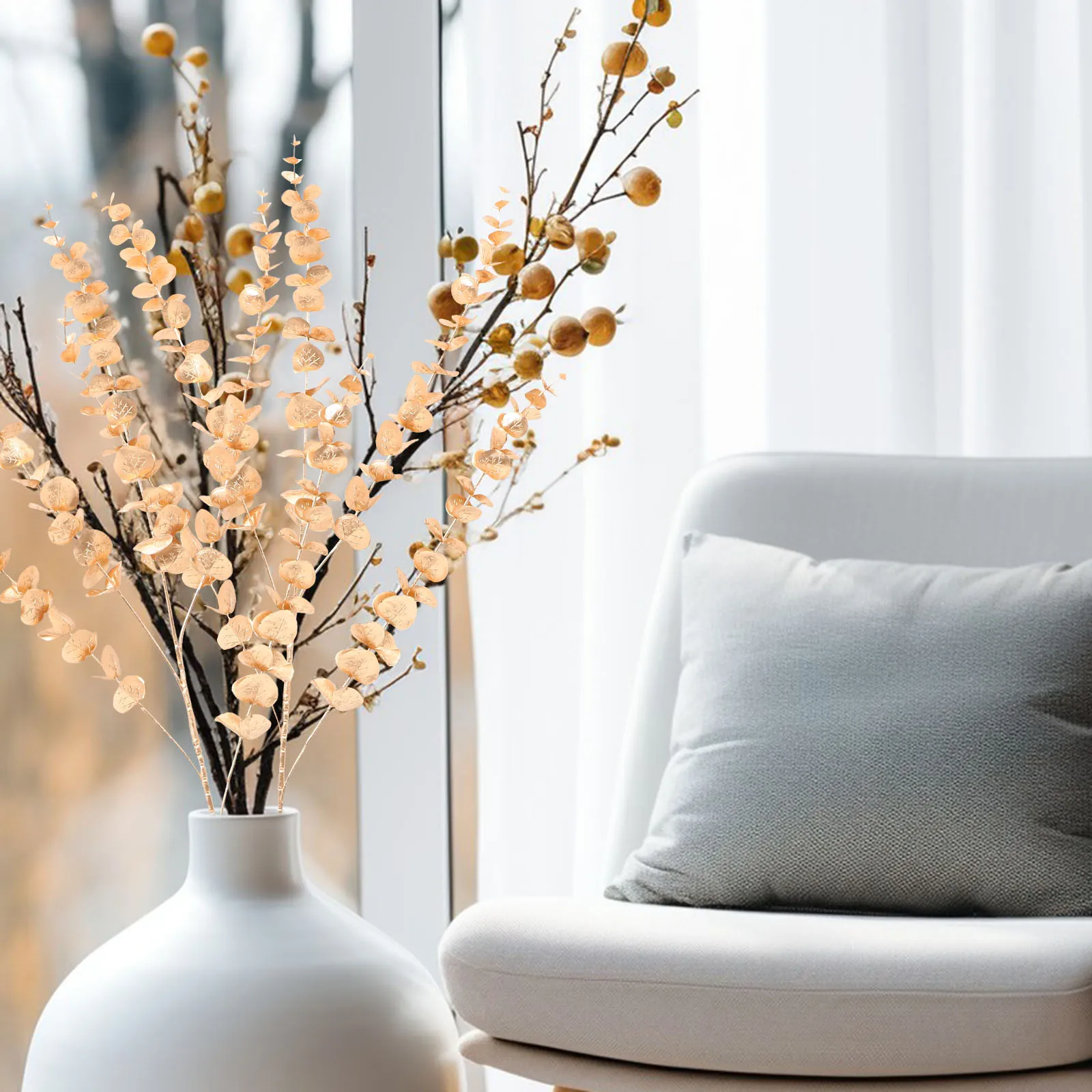 

4pcs Golden Eucalyptus Leaves Stems Artificial Branches Decorative Iron Picks for Living Room Bedroom Kitchen Wedding Faux Leaf