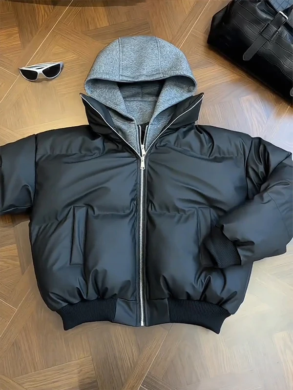 

Black PU Leather Hooded Cotton Jacket Men's Winter Thick Warm American Style Cold Resistance Short Cotton Coat Outerwear