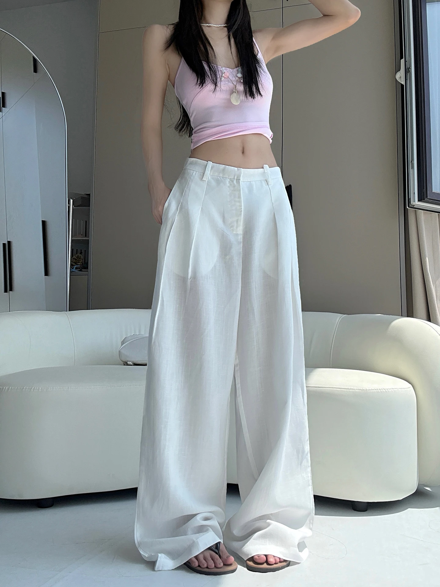 

High Waist Wide Leg Pants Women's Summer Thin Cotton Linen Casual Trousers Drapey Loose Fit Straight Cut Ladies Jeans