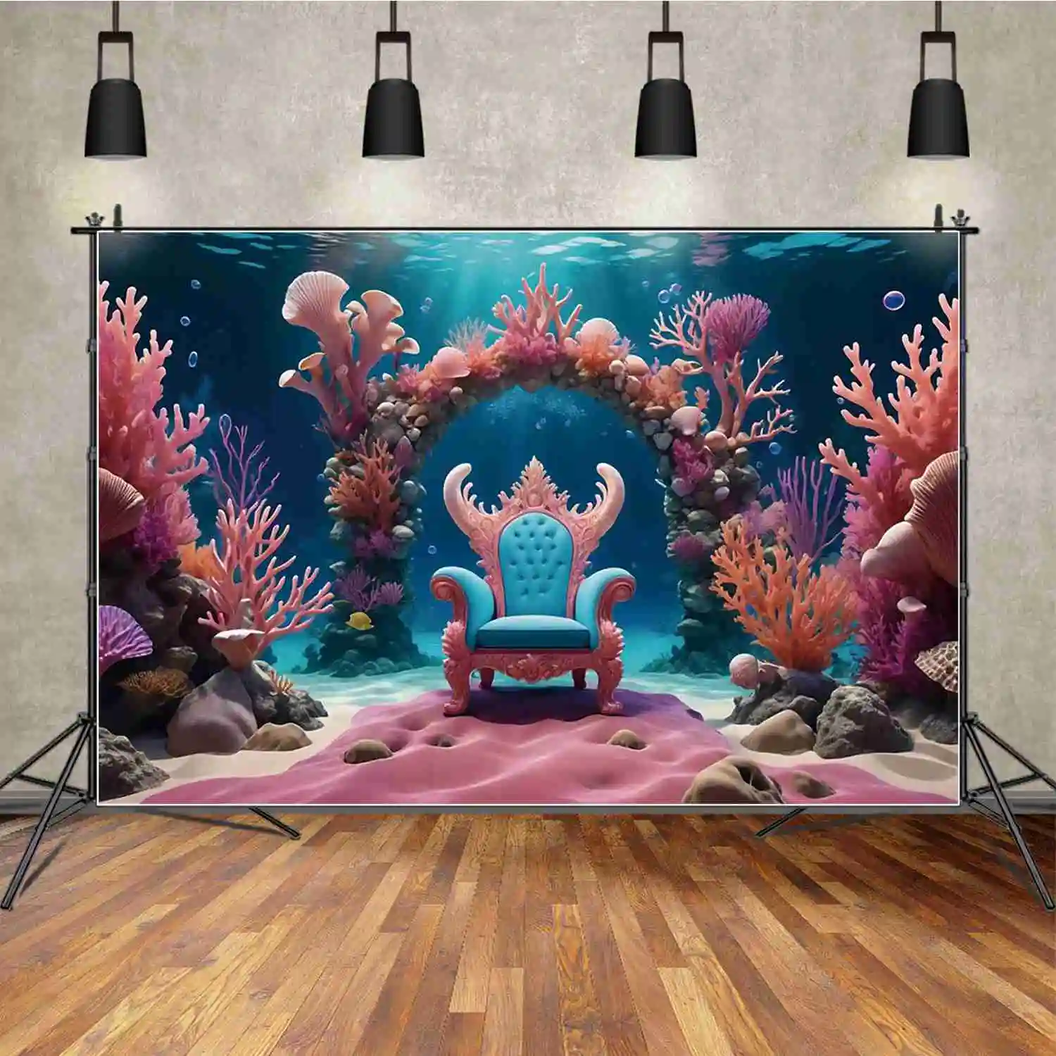 MOON.QG Undersea Throne Birthday Photography Background Baby Mermaid Party Photocall Backdrops Custom Underwater Photo Props