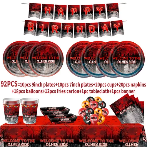 Stranger-Themen-Geburtstagsdekoration Horrorfilm-Geschirr Tasse Teller Tischdecke Luftballons Banner Geschenktüte Snackbox Partyzubehör – Detail 8