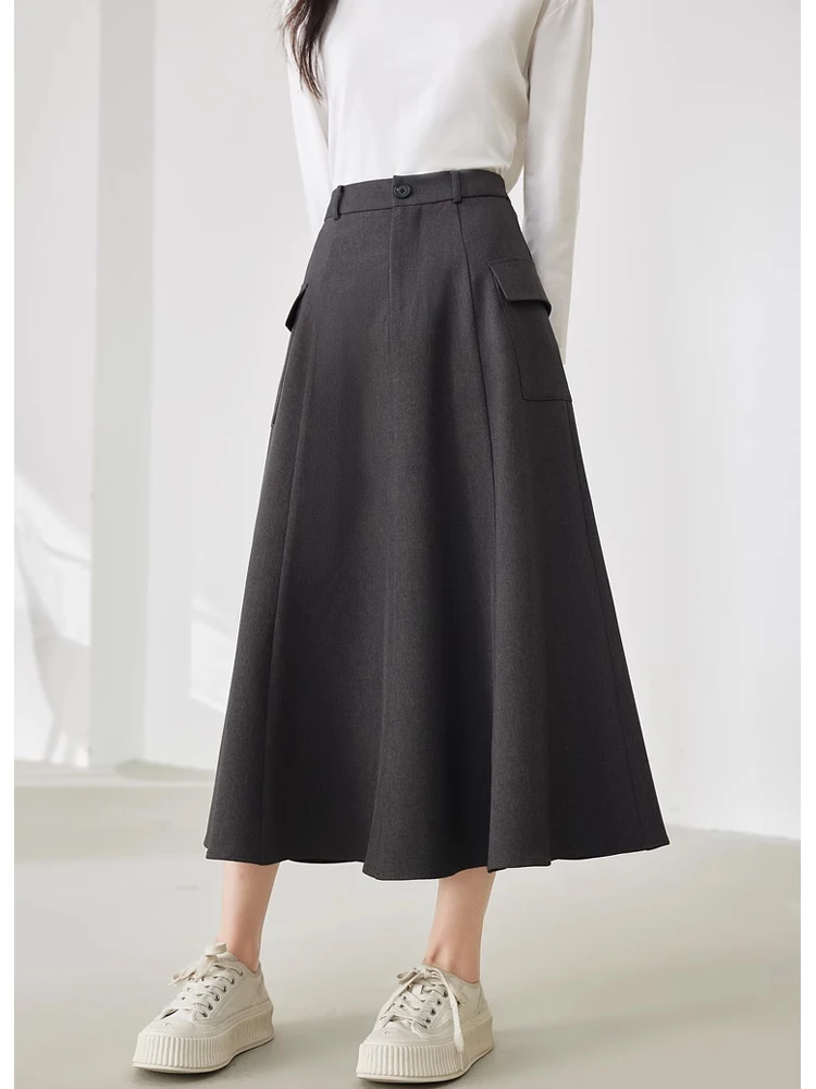 Vimly Dark Grey Elegant A-line Midi Skirt 2024 Spring New Office Lady Side Pockets Elastic Waist Fishtail Skirts Clothing M5273