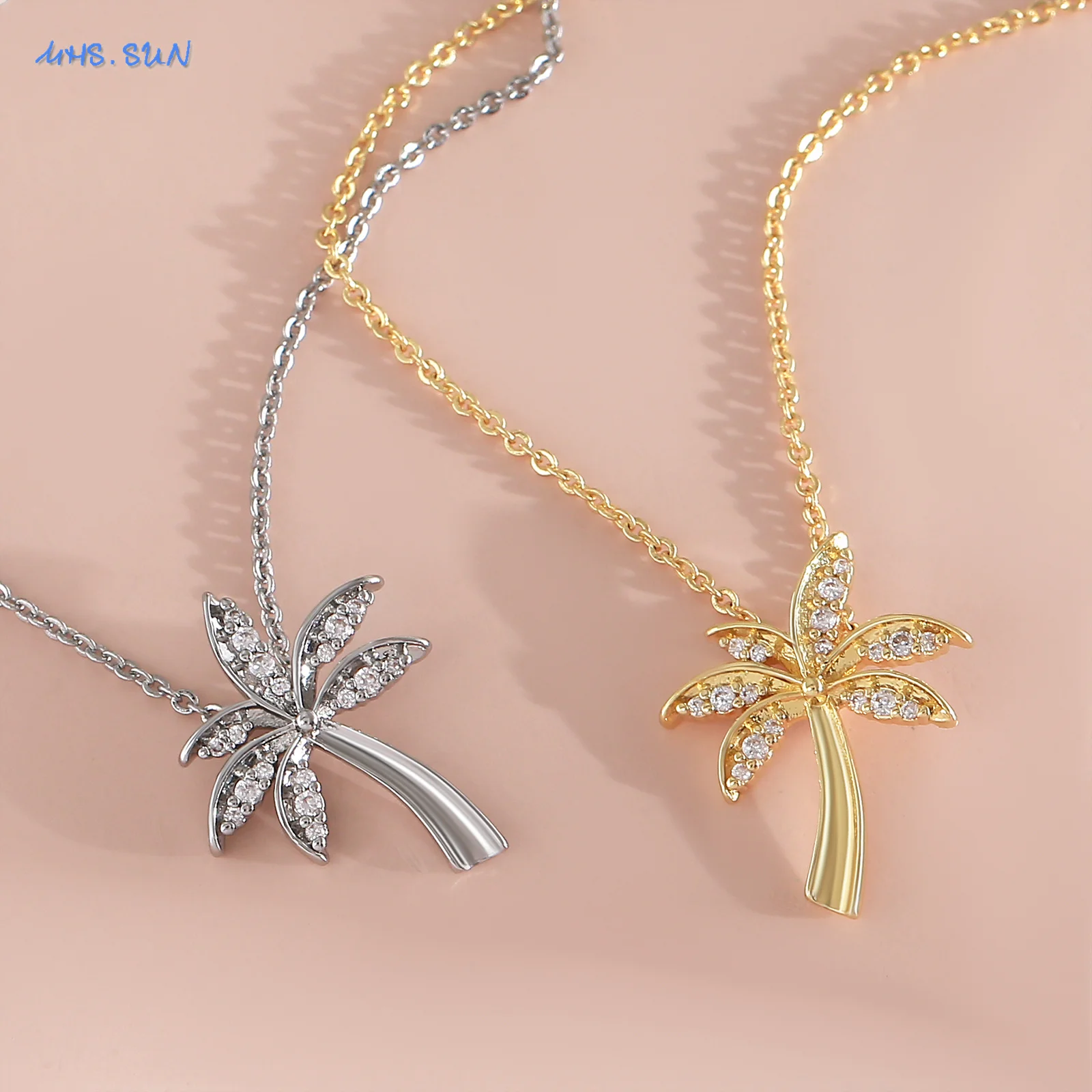 MHS.SUN Zircon Coconut Tree Pendant Necklace For Women Men Gold/Silver Color Plant Necklaces 2025 Trend Summer Beach Jewelry