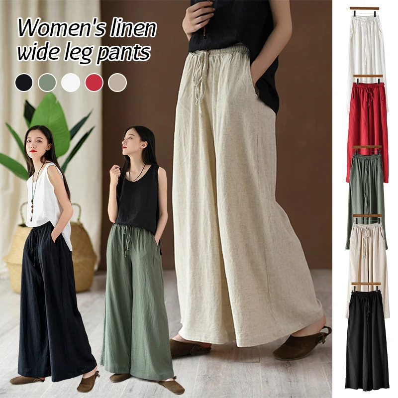 

Lady Literary Retro Wide Leg Pants Summer Imitation Cotton Linen Elastic Waist Straight Trousers Pantalones Baggy Sweatpant