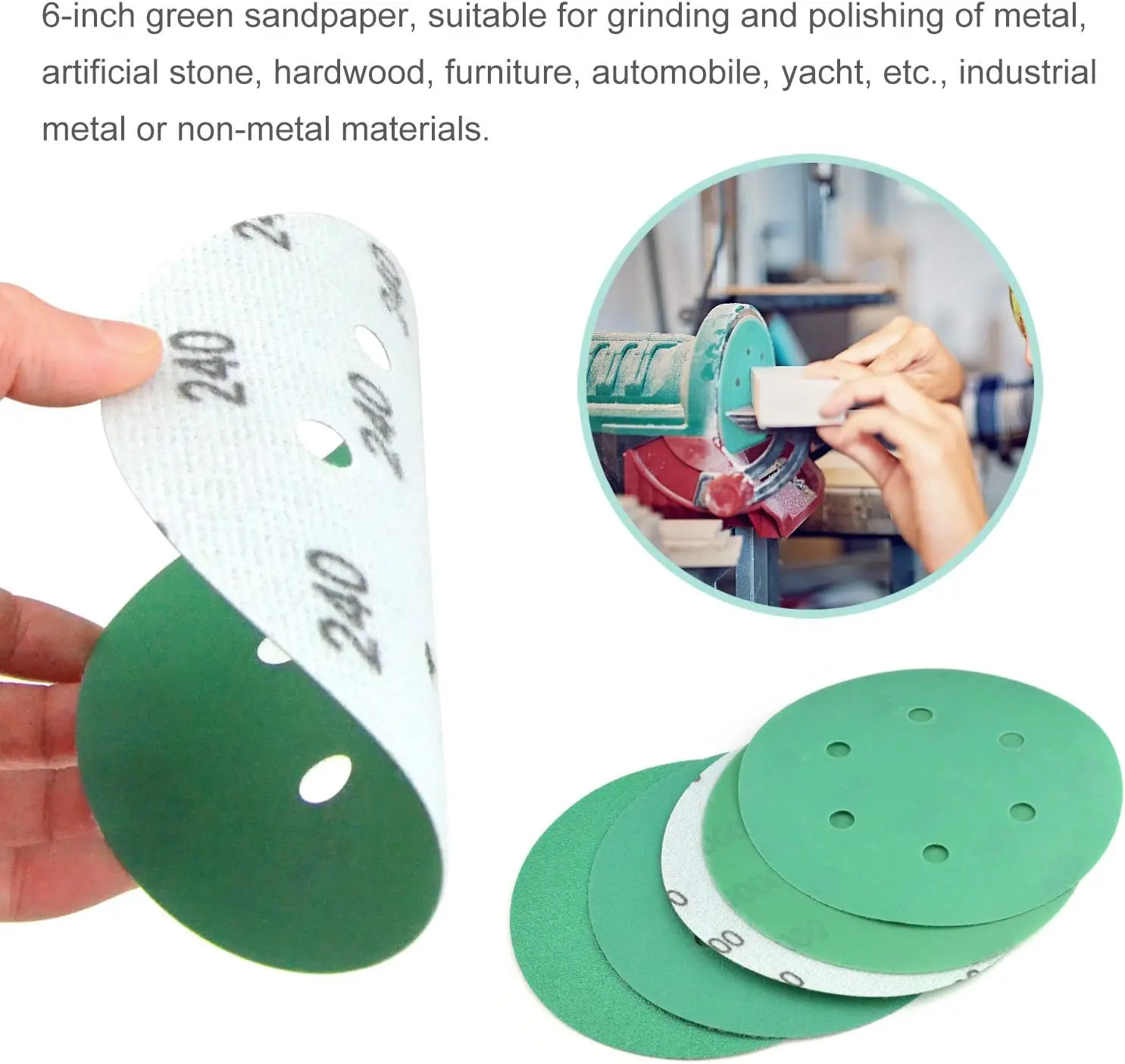 6 Inch 6 Holes Green Film Dustless Wet and Dry Sandpaper Kit 50 Pcs Assortment Grit 60-2000 for Metal Car Boat Polishing
