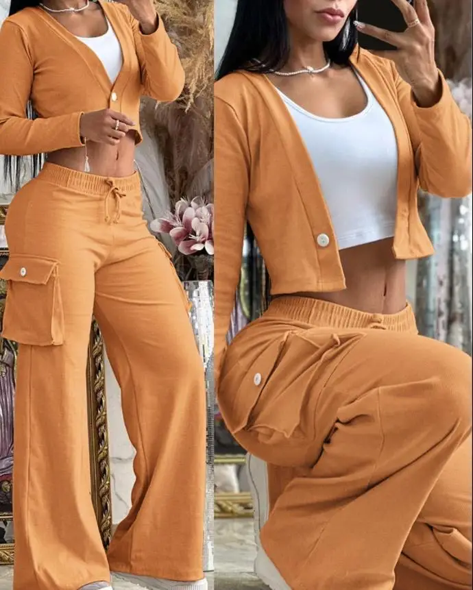 Autumn Women\'s Fashion Suit Deep V-neck Button Long Sleeve Navel Top Drawstring Mid Waist Pocket Wide-Leg Pants Suit Women