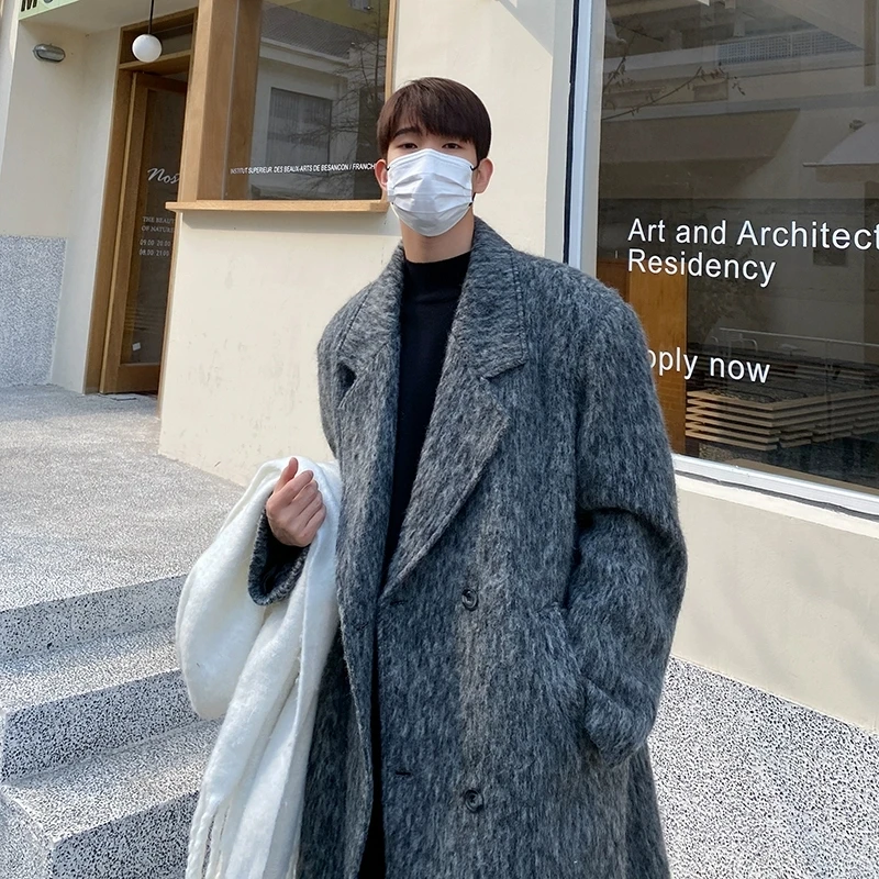 

Winter Men's Woolen Coat Long Over-Knee Double-Row Buttoned Loose Fit Fashion Urban Style Korean Windbreaker Outerwear