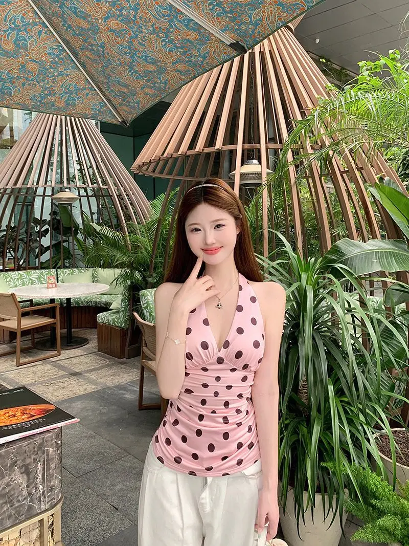 Summer Women  Polka Dot V Neck Halter Cami Top Backless Slim Waist French Style Spicy Trendy Sleeveless Vest Fashion Outwear