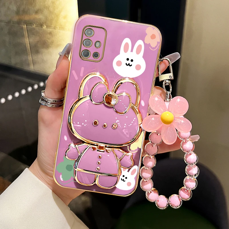 G 20 30 Flower Strap Makeup Mirror Rabbit Phone Holder Case On For Motorola Moto G20 G30 G10 Power MotoG20 MotoG30 Stand Cover