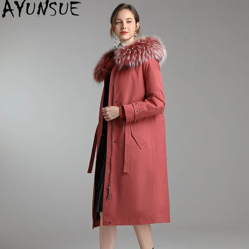 AYUN-abrigo de piel con capucha para mujer, parka cálida con forro de piel de conejo Rex, perro mapache Real, ropa de invierno, B9115, 2020