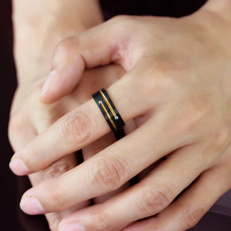 Luxury Mens 8mm Black Stainless Steel Gold Color Ring Crystal Wedding Band for Men\'s Engagement Party Jewelry Gift Wholesale