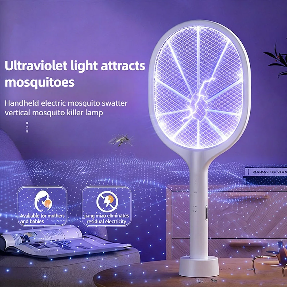3 in 1 Electric Mosquito Swatter 3800V Type-C Rechargeable Detachable Handheld Automatic Tapping Mode Indoor Outdoor for Home