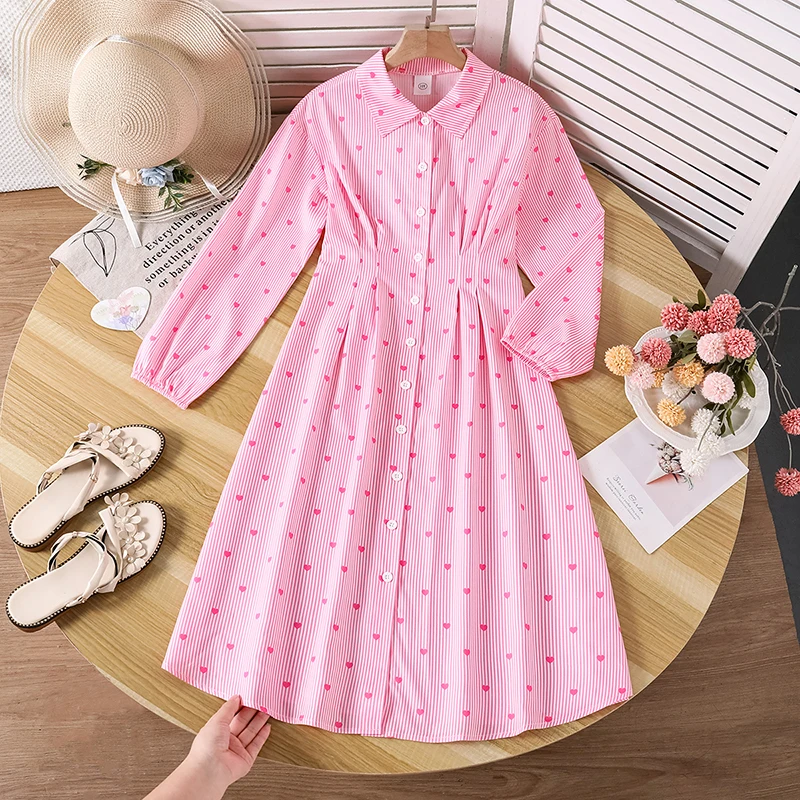 Girls Pink Stripe Heart Print Dress for 8-12 Years Old, Lapel Long Sleeve Midi Dress Spring Autumn Casual Pleated Waist Dress