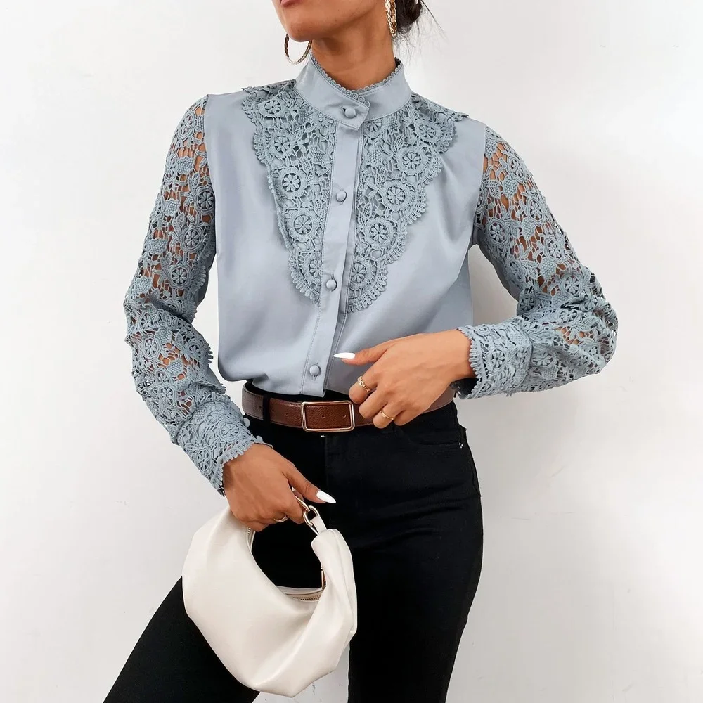 Women's Lace Vintage Long Sleeve Shirt Spring Summer Slim Fit Women's Top White Shirt Grace Office Work Clothes Business Wear