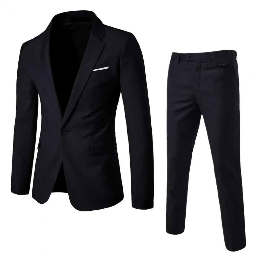 Men Pants Set Men Business Suit Stylish Men's Business Suit Set Lapel Single Button Coat Slim Fit Pants with Pockets