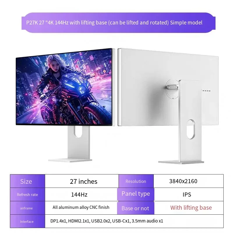 Ekran 27" 3840*2160 4k 144HZ Wyświetlacz IPS HDMI2.0+DP1.4+USB2.0 Monitor matowy ekran 27 cali Type-c 144HZ Aluminium P27k KUYCON