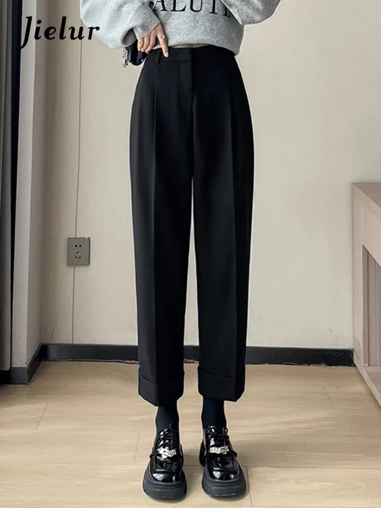 Jielur 두꺼운 커프스 루즈 패션 하렘 바지, 단색 캐주얼 스트레이트, 심플한 여성 바지, 시크한 오피스 레이디, 겨울 신상