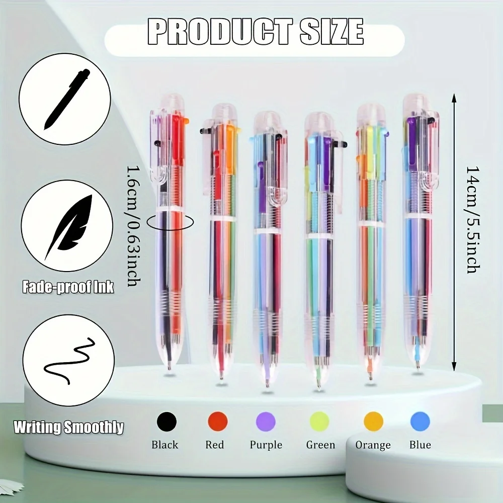 6/12 Stück 0,5 mm 6-in-1-Mehrfarben-Kugelschreiber: 6 transparente Kugelschreiber für Büro, Schule und Geschenke – Detail 2