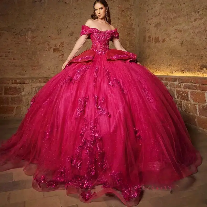 

Customized Attractive Tulle Quinceanera Dresses Lace Appliques Off The Shoulder Flower Cathedral Train Vestidos De 15 Anos