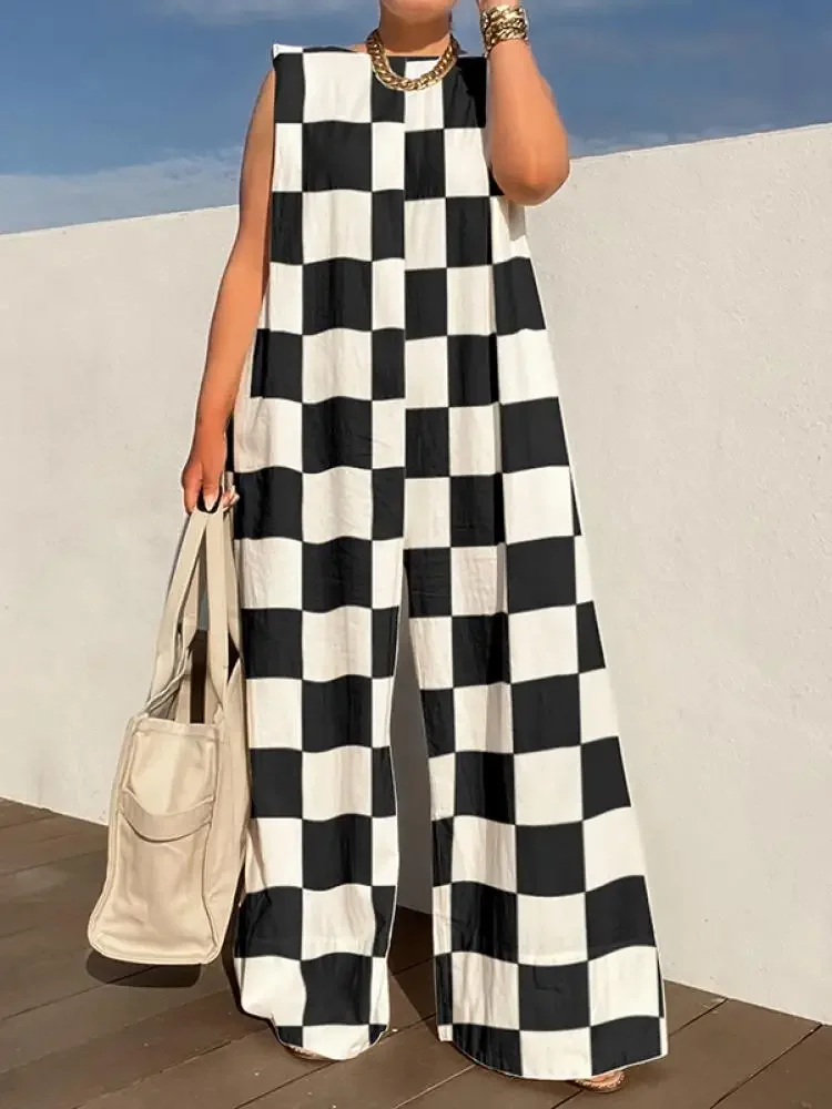 Modigirl Checkerboard Women 2024 Summer Streetwear Jumpsuit Round Neck Sleeveless Wide Leg Loose Fit Woman Overalls Romper