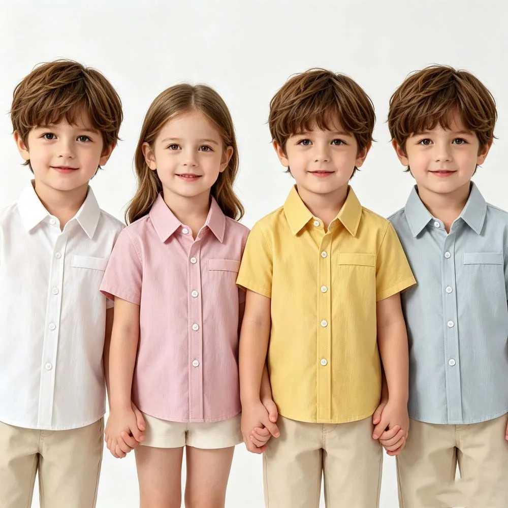 Kids Boys Solid Color Cotton Short Sleeve Button‑Up Shirt Casual Daily Party Wear Children Clothing Gift For Boys School Uniform