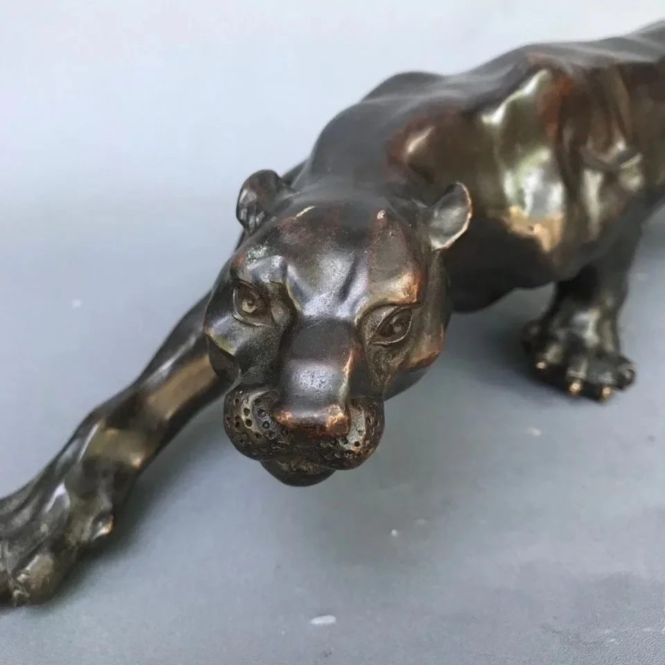 Big 36cm Bronze Sculpture Statue Panther Leopard Jaguar Cat Marked Enamel Decoration Brass Bronze Home Desktop Decor