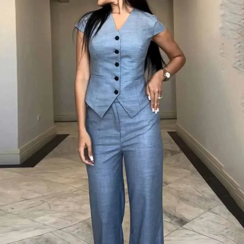 Set di pantaloni da donna Set da due pezzi con scollo a V Set coordinati Cappotti Pantaloni lunghi a gamba larga Vita alta Casual Y2k Streetwear Estate 2025